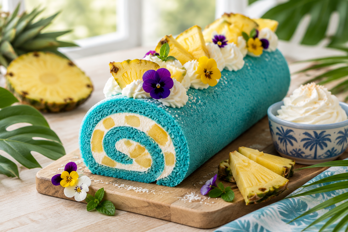 Tropical blue cake roll with pineapple garnish, showcasing the tropical blue cake roll swirl and bright colors