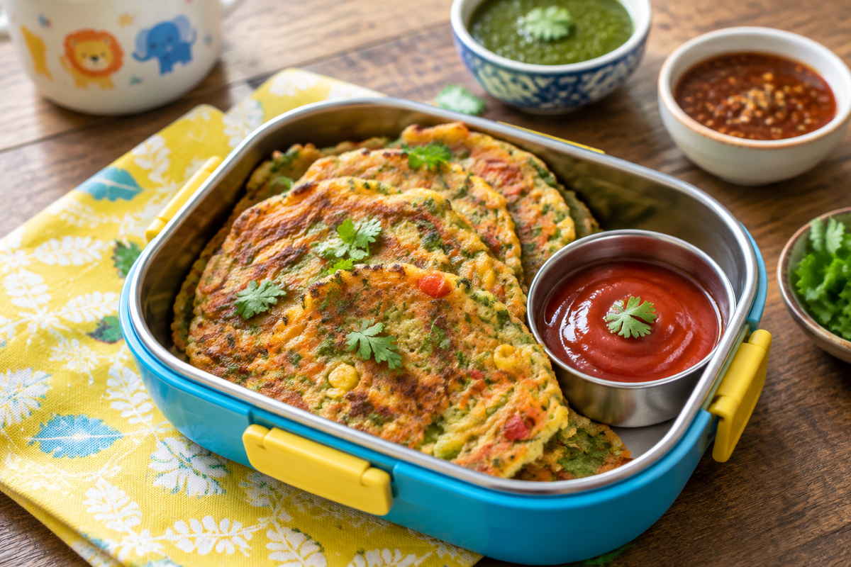 kids tiffin recipe showing veggie pancakes with dipping sauces and garnish in natural light