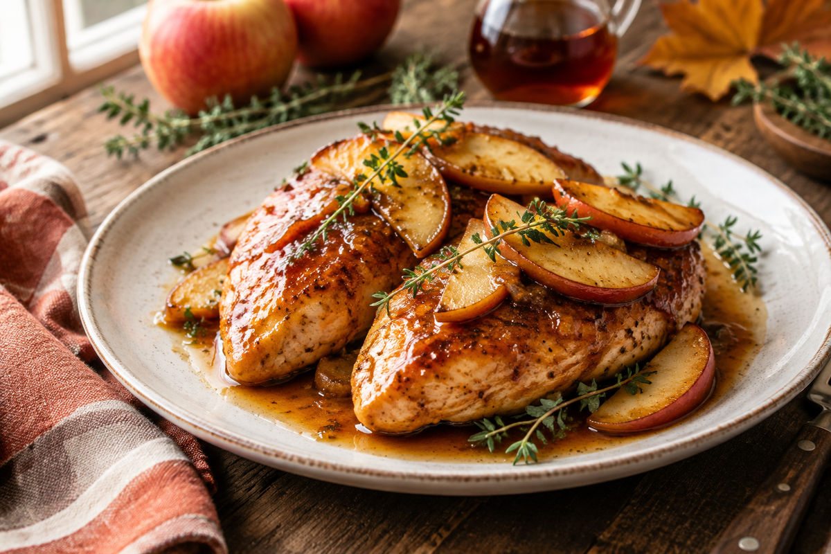 Glazed apple maple chicken with sautéed apples and thyme garnish on rustic plate
