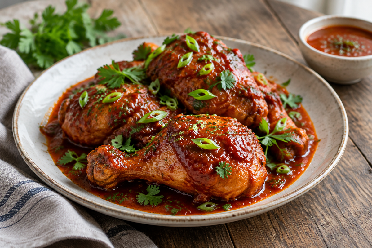 Braised Catalina chicken glazed in red sauce garnished with parsley and green onions, showcasing braised catalina chicken