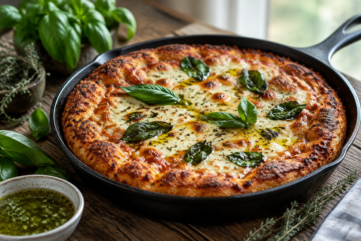crispy cast iron pizza topped with mozzarella and fresh basil, garnished with garlic herb oil