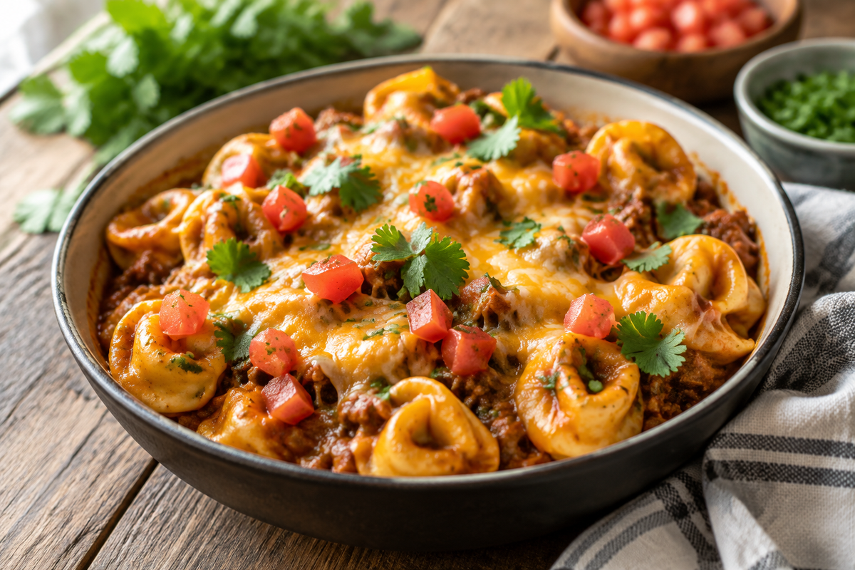 Cheesy taco tortellini skillet garnished with cilantro and diced tomatoes with melted cheese