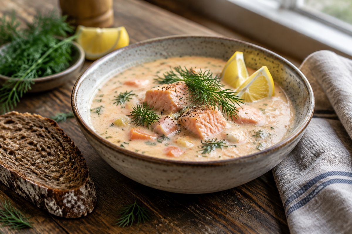 Creamy salmon soup garnished with fresh dill and lemon wedges, showcasing creamy salmon soup