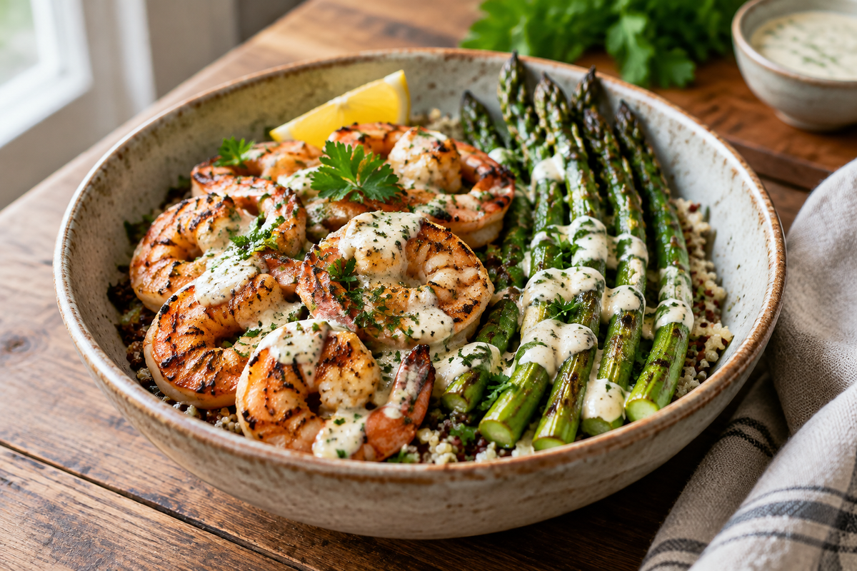 Grilled shrimp bowl with asparagus and creamy garlic sauce served in a rustic bowl, showcasing grilled shrimp and garlic sauce