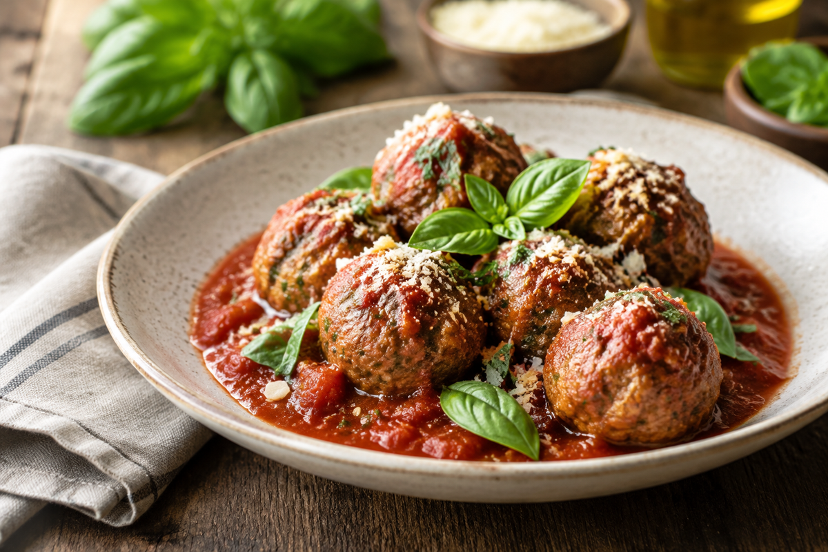 Plate of Italian meatballs in marinara sauce garnished with Parmesan and basil, italian meatballs