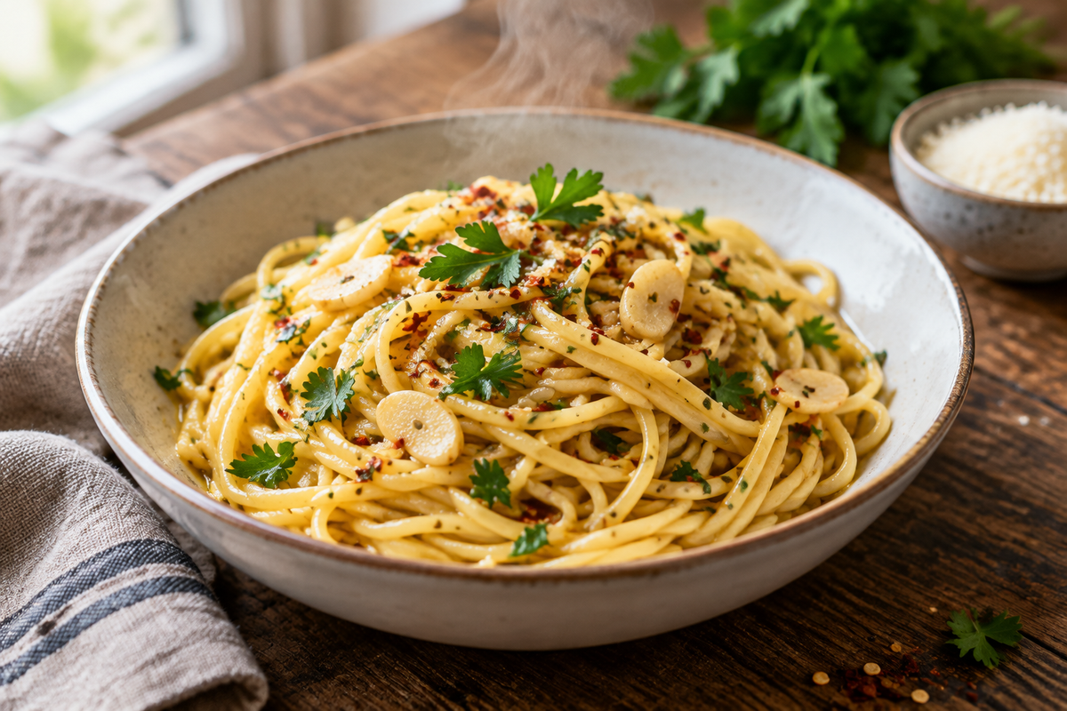 Italian pasta with garlic olive oil sauce garnished with parsley and chili flakes, showcasing italian pasta sauce