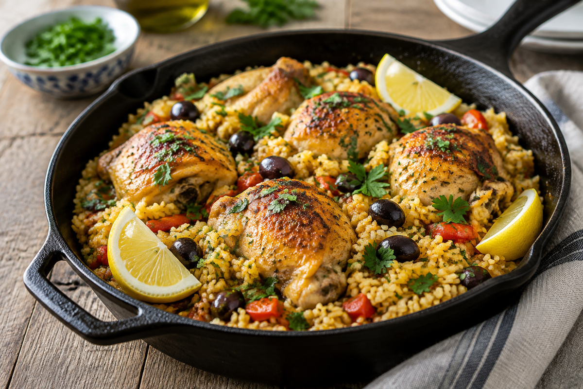 One-pot Portuguese chicken rice in rustic skillet garnished with parsley and lemon wedges