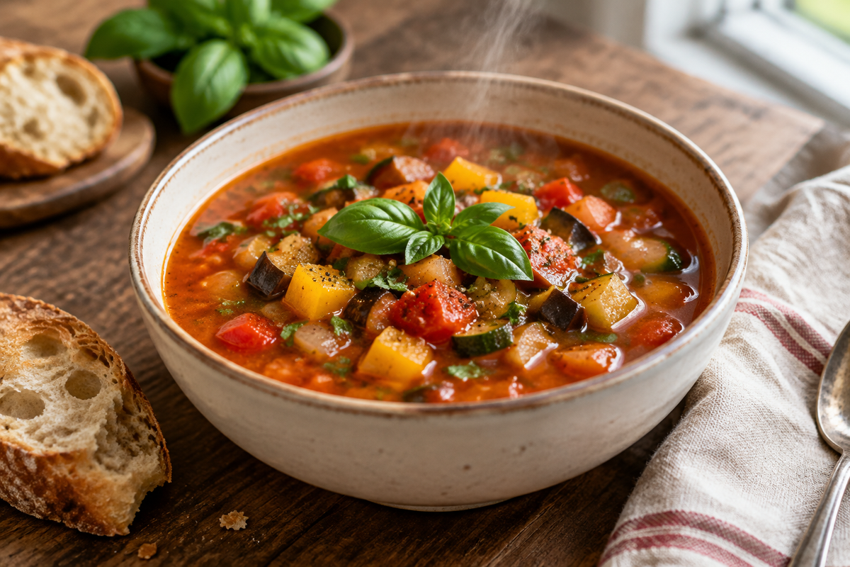 Bowl of remys ratatouille soup with fresh basil garnish and vibrant vegetables in rich tomato broth