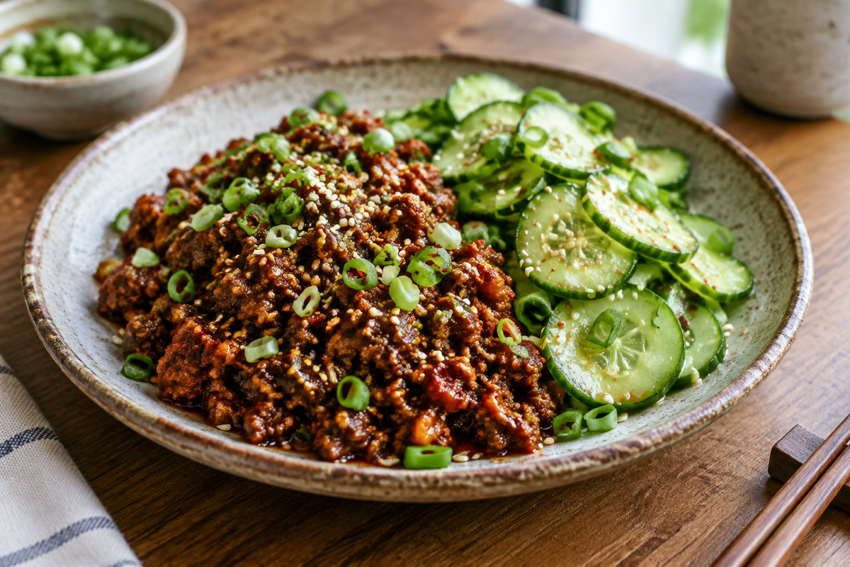 Spicy Korean beef with fresh cucumber salad on a rustic plate, featuring sesame seeds and green onions