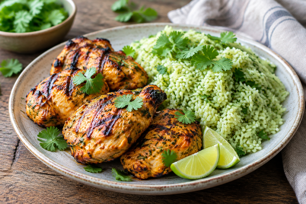 Plate of spicy yogurt chicken with cilantro rice, garnished with fresh cilantro, spicy yogurt chicken dish