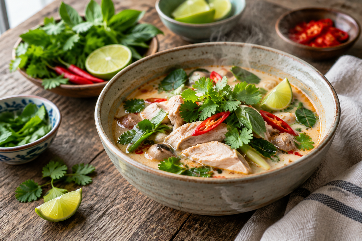 Bowl of fresh Thai chicken soup garnished with herbs and lime, showcasing thai chicken soup