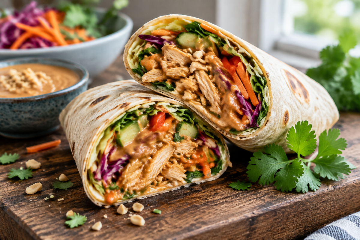 Close-up of a Thai peanut chicken wrap with vibrant fillings and creamy peanut sauce