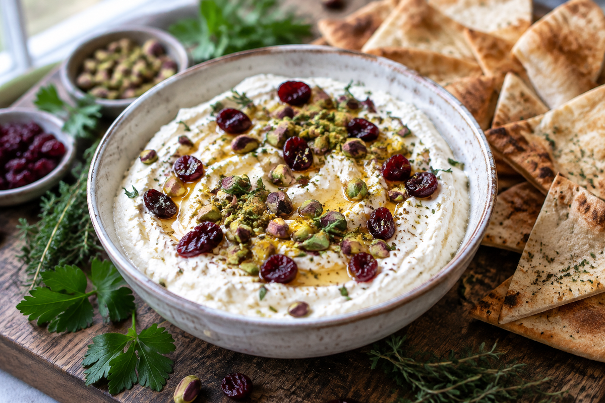 Whipped feta dip topped with honey, pistachios, and cranberries, served in a rustic bowl, whipped feta dip