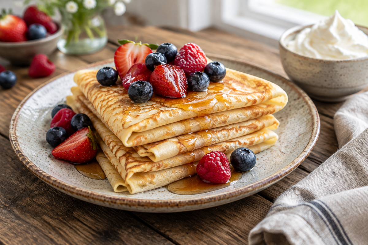 Stack of golden lazy crepes topped with fresh berries and maple syrup, showcasing lazy crepes