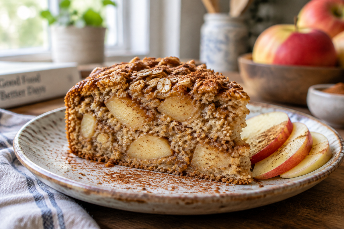 Moist oatmeal apple cake slice garnished with cinnamon and fresh apple slices, showcasing oatmeal apple cake