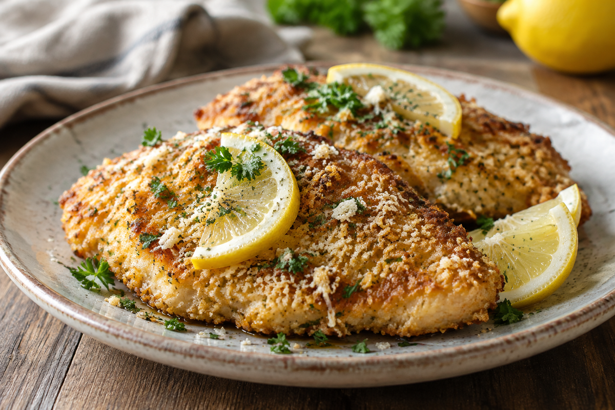 Crispy lemon romano chicken garnished with lemon slices and parsley, showcasing lemon romano chicken dish