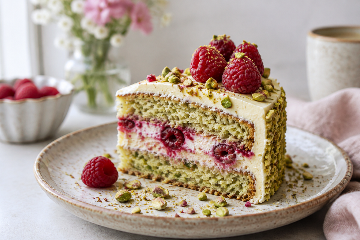 Slice of raspberry pistachio cake garnished with fresh raspberries and crushed pistachios