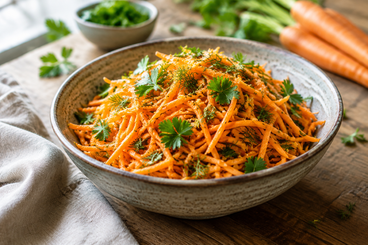 Fresh raw carrot salad in a bowl garnished with herbs, showcasing the raw carrot salad freshness