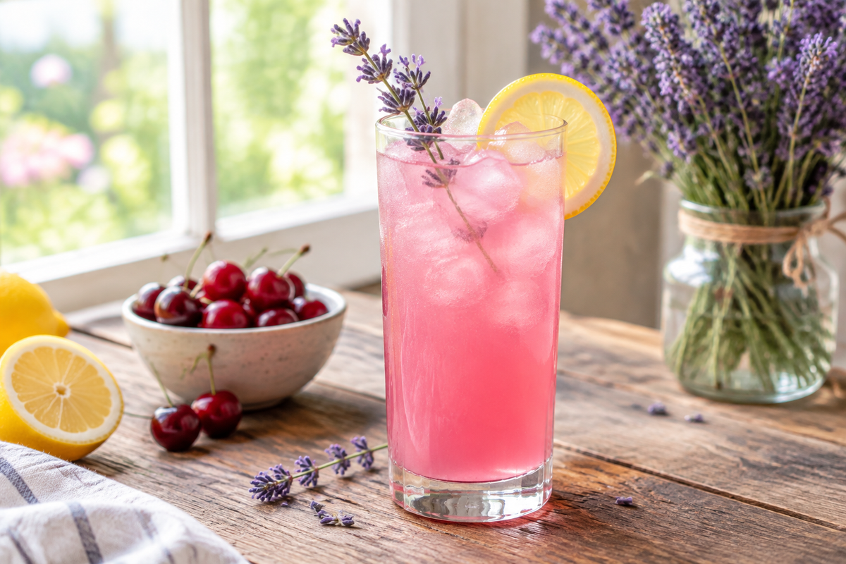 Refreshing pink lemonade mocktail with lavender syrup garnished with lemon and lavender sprig