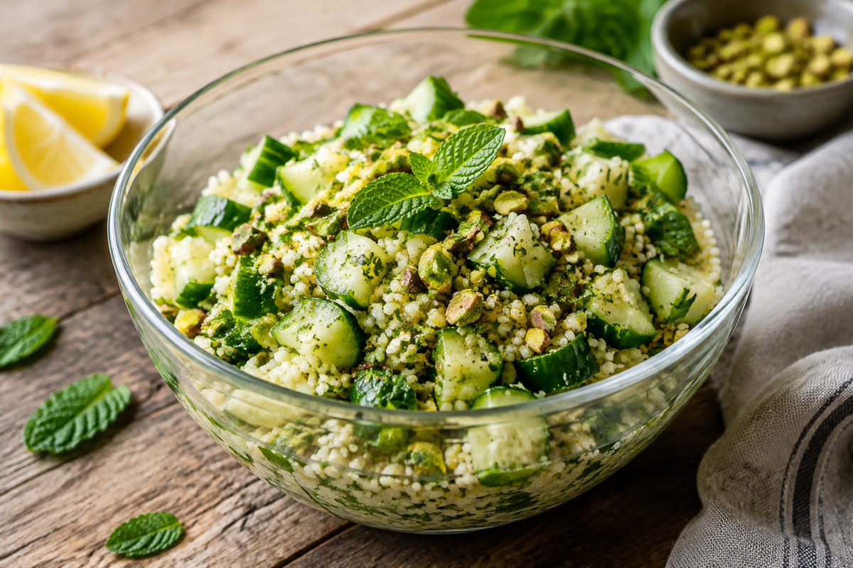 Refreshing cucumber couscous salad with fresh herbs and pistachio garnish