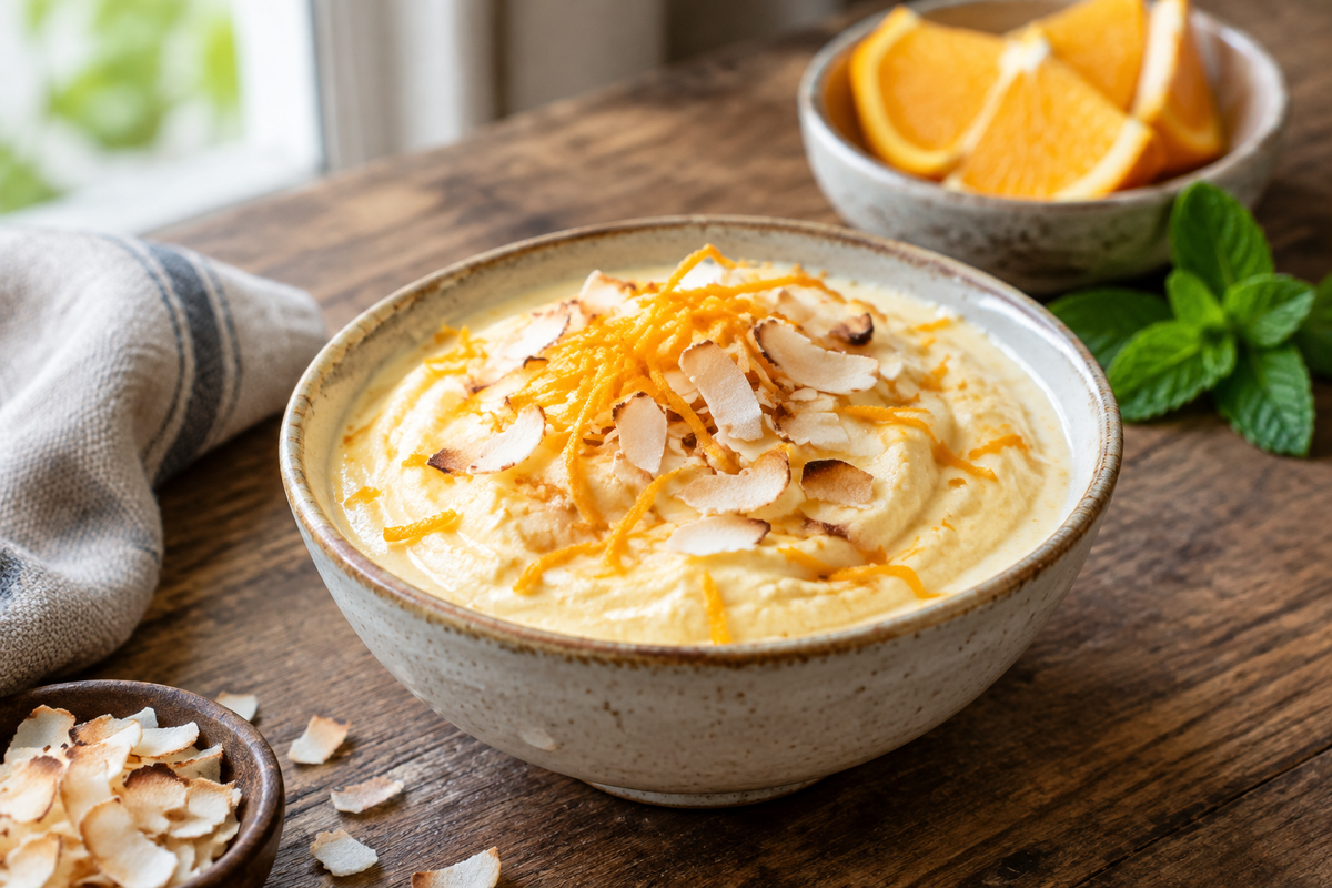 Creamy Coconut Orange Glow dessert garnished with orange zest and toasted coconut flakes