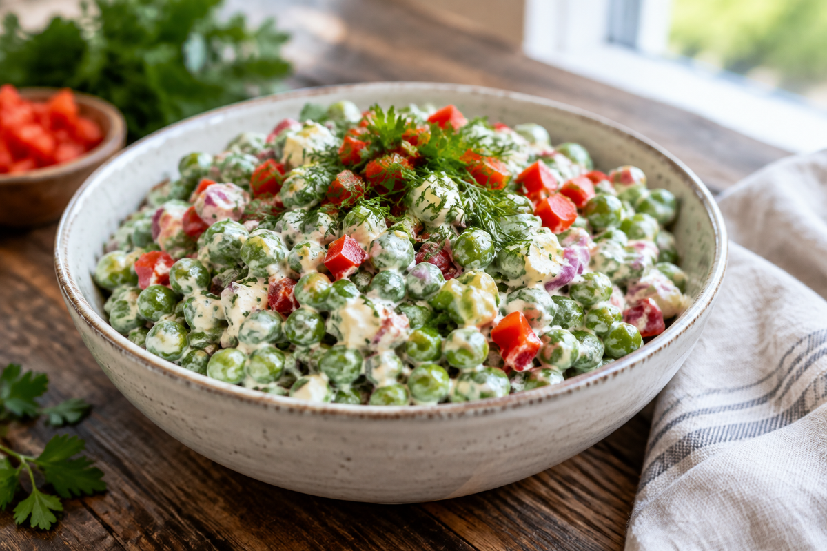 Cold southern pea salad in a bowl garnished with herbs and red bell peppers