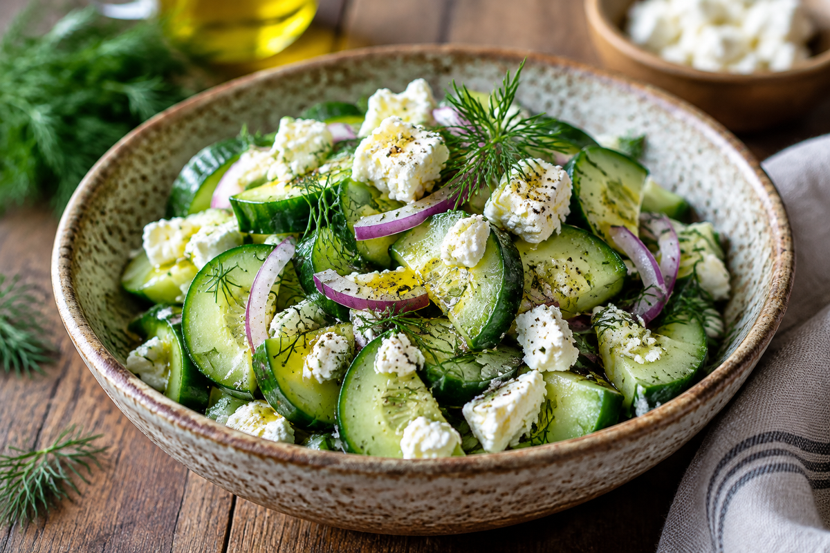 Fresh cucumber feta salad with dill garnish and olive oil drizzle in a rustic bowl