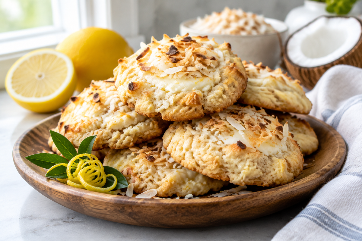 Stack of lemon coconut cheesecake cookies with toasted coconut flakes, showcasing lemon coconut cheesecake cookies fresh and ready to serve