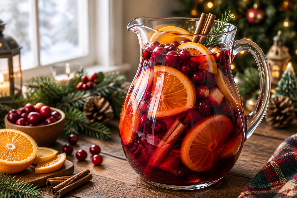 Glass pitcher of non-alcoholic Christmas sangria garnished with orange slices and cinnamon sticks