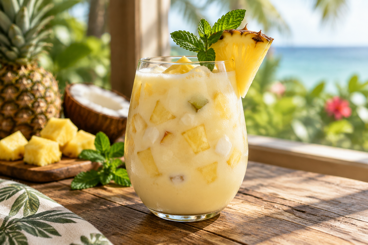 Piña colada sangria in a glass garnished with pineapple and mint on wooden surface