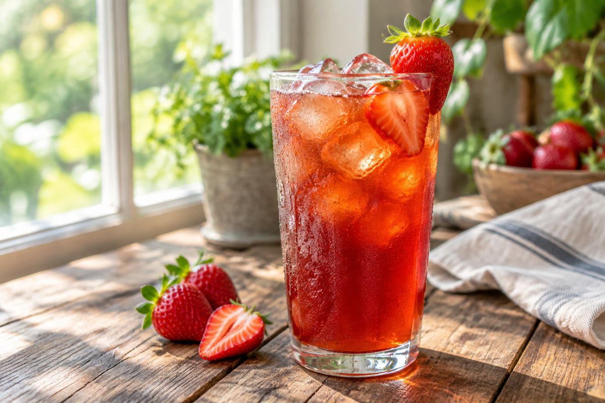 A glass of strawberry southern sweet tea with fresh strawberries and ice, showcasing the refreshing strawberry southern sweet tea