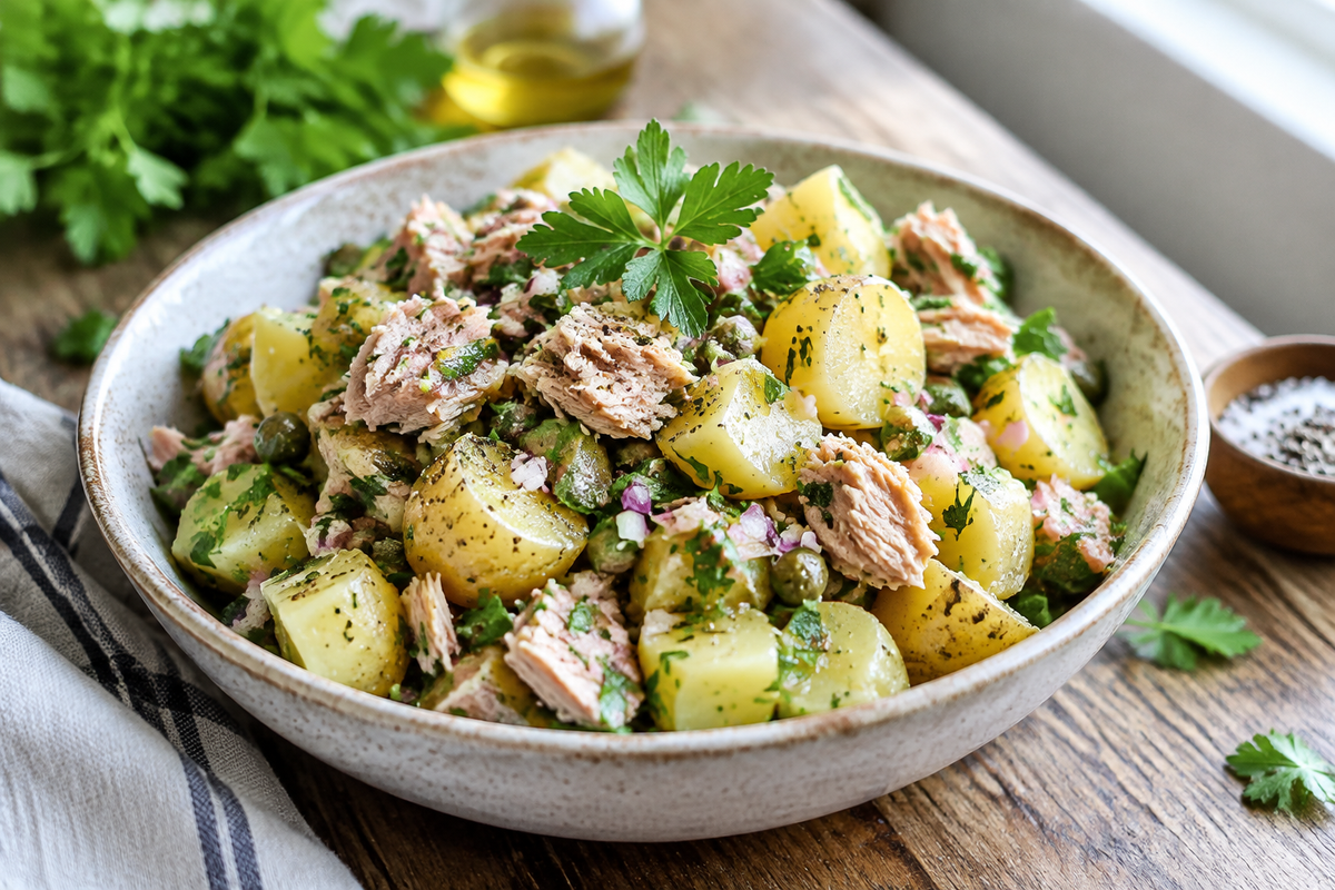 Tuna potato salad with fresh herbs and vinaigrette in a rustic bowl