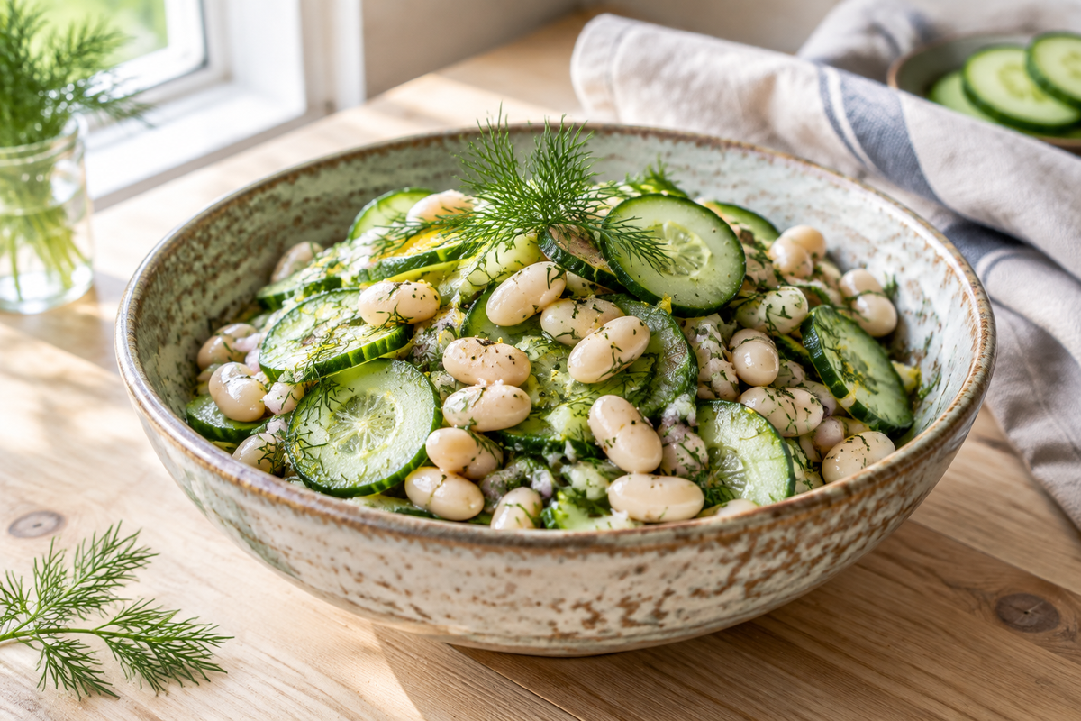 Fresh white bean dill salad with cucumber in a rustic bowl garnished with dill