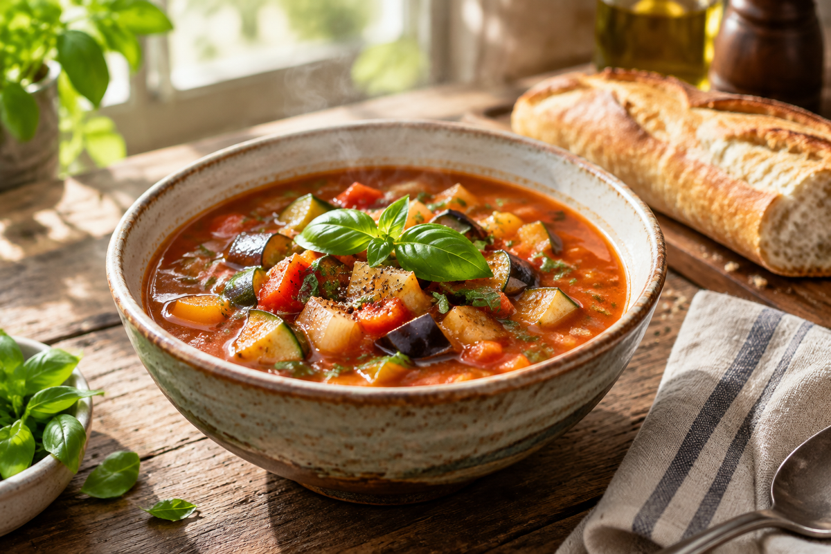 Bowl of ratatouille soup garnished with basil, showcasing vibrant vegetables and rich broth