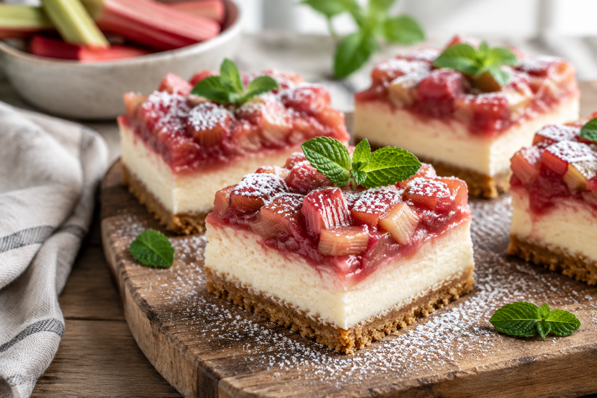Rhubarb cheesecake squares with creamy layers and bright rhubarb topping on wooden board