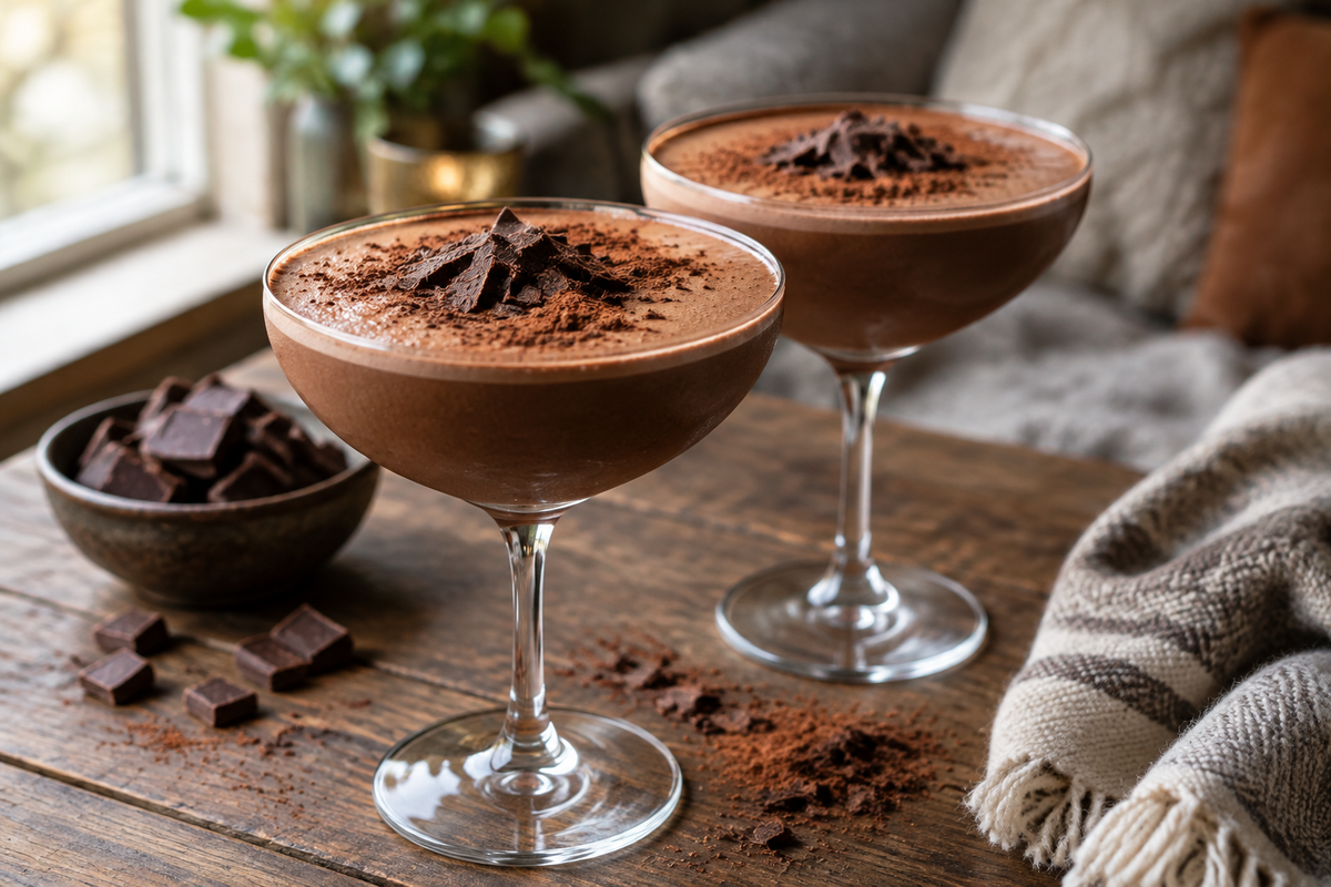 Rich and creamy chocolate cocktails garnished with chocolate shavings and cocoa powder on wooden table