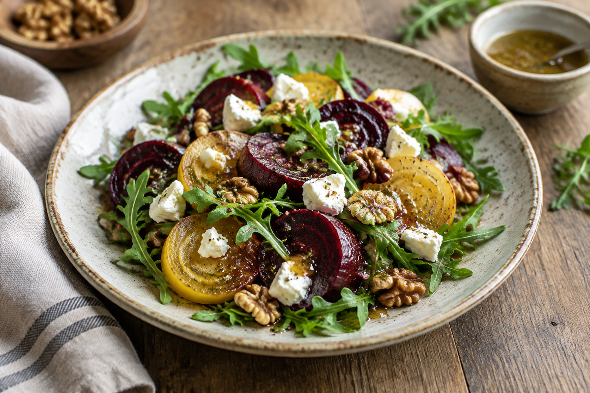 Fresh roasted beet salad with goat cheese, arugula, and walnuts, showcasing vibrant colors and healthy ingredients