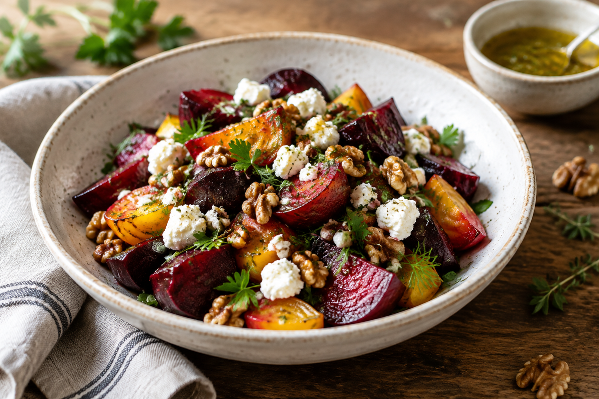 Close-up of a roasted beet salad with goat cheese and walnuts garnished with herbs, a fresh roasted beet salad side dish