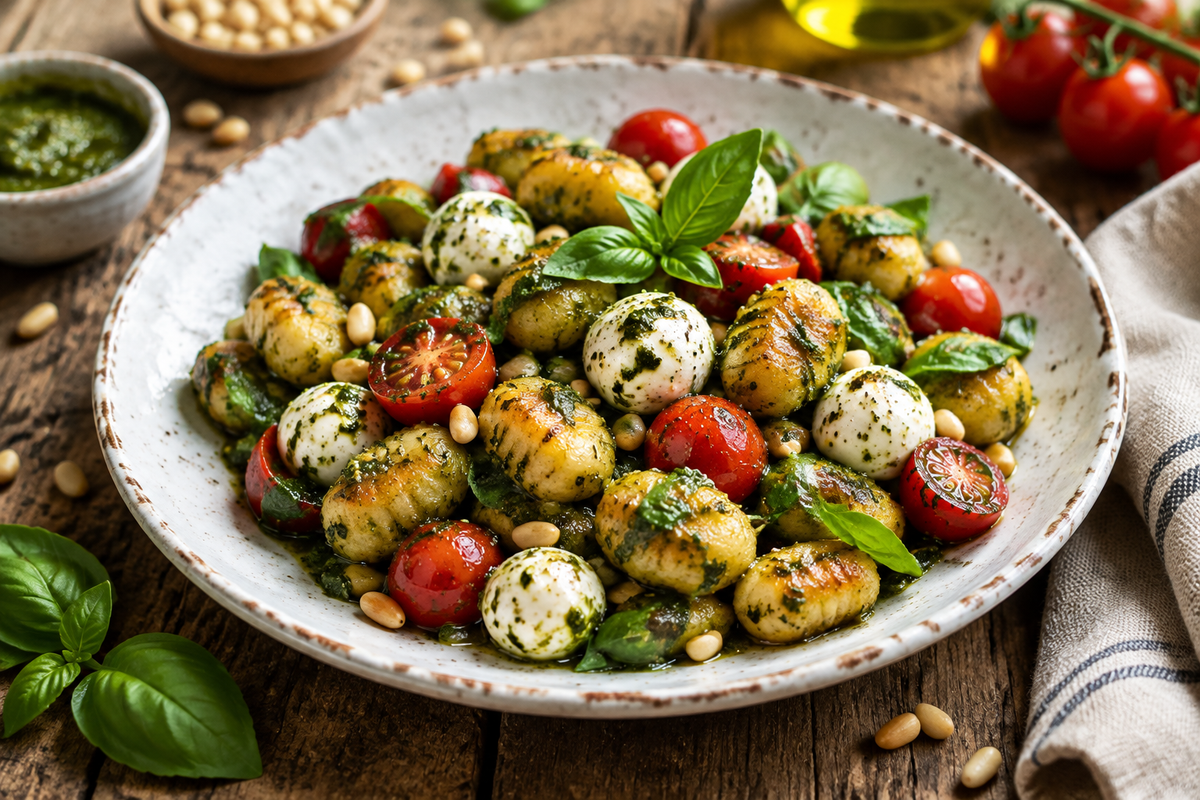 Roasted gnocchi salad with pesto and mozzarella, served on a rustic plate with basil and cherry tomatoes