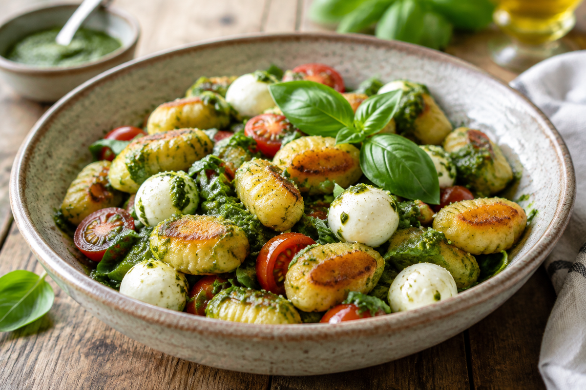 Roasted gnocchi salad with pesto and mozzarella, a light summer meal in a rustic bowl