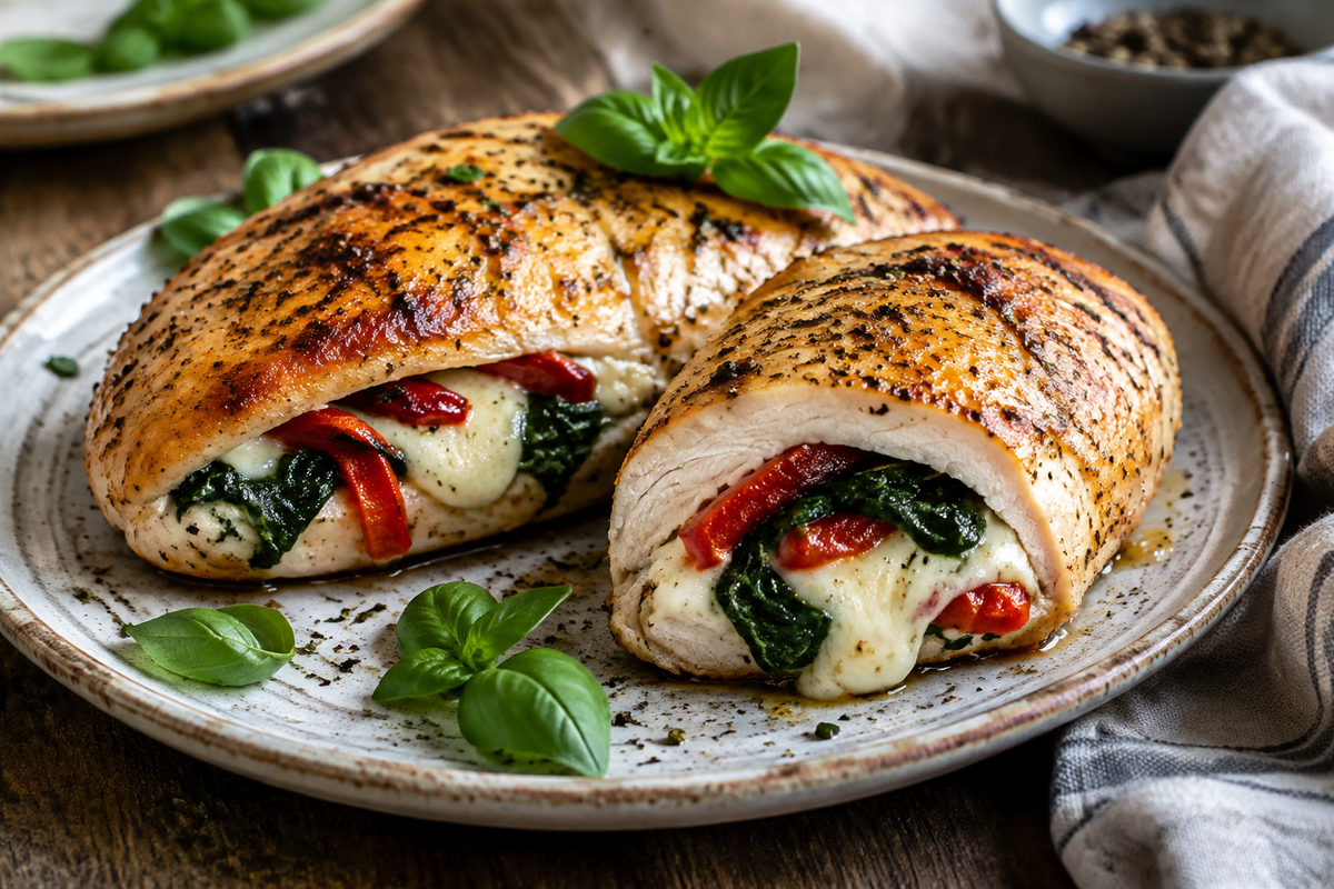 Roasted red pepper spinach mozzarella stuffed chicken recipe plated with fresh basil garnish