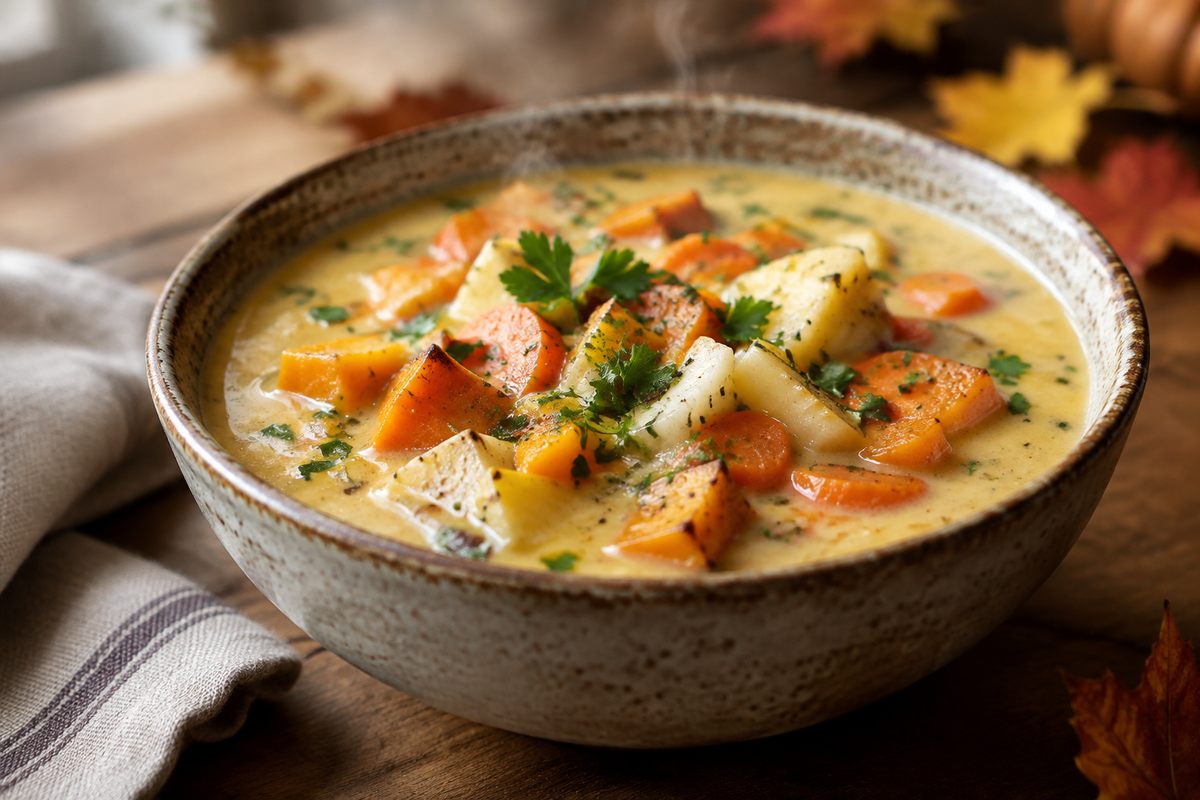 Bowl of roasted root vegetable chowder garnished with fresh parsley, a cozy vegan fall soup recipe