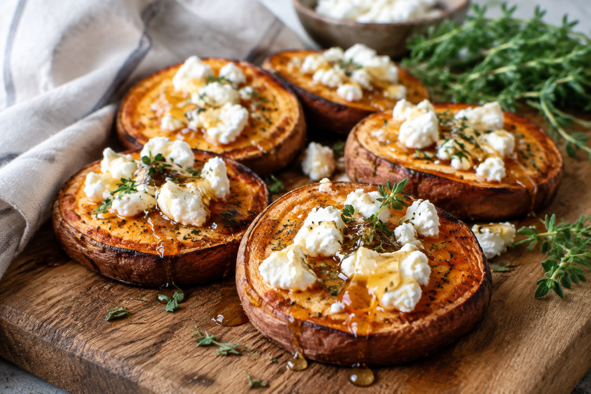 Roasted sweet potato rounds topped with honey and crumbled feta cheese, garnished with fresh herbs