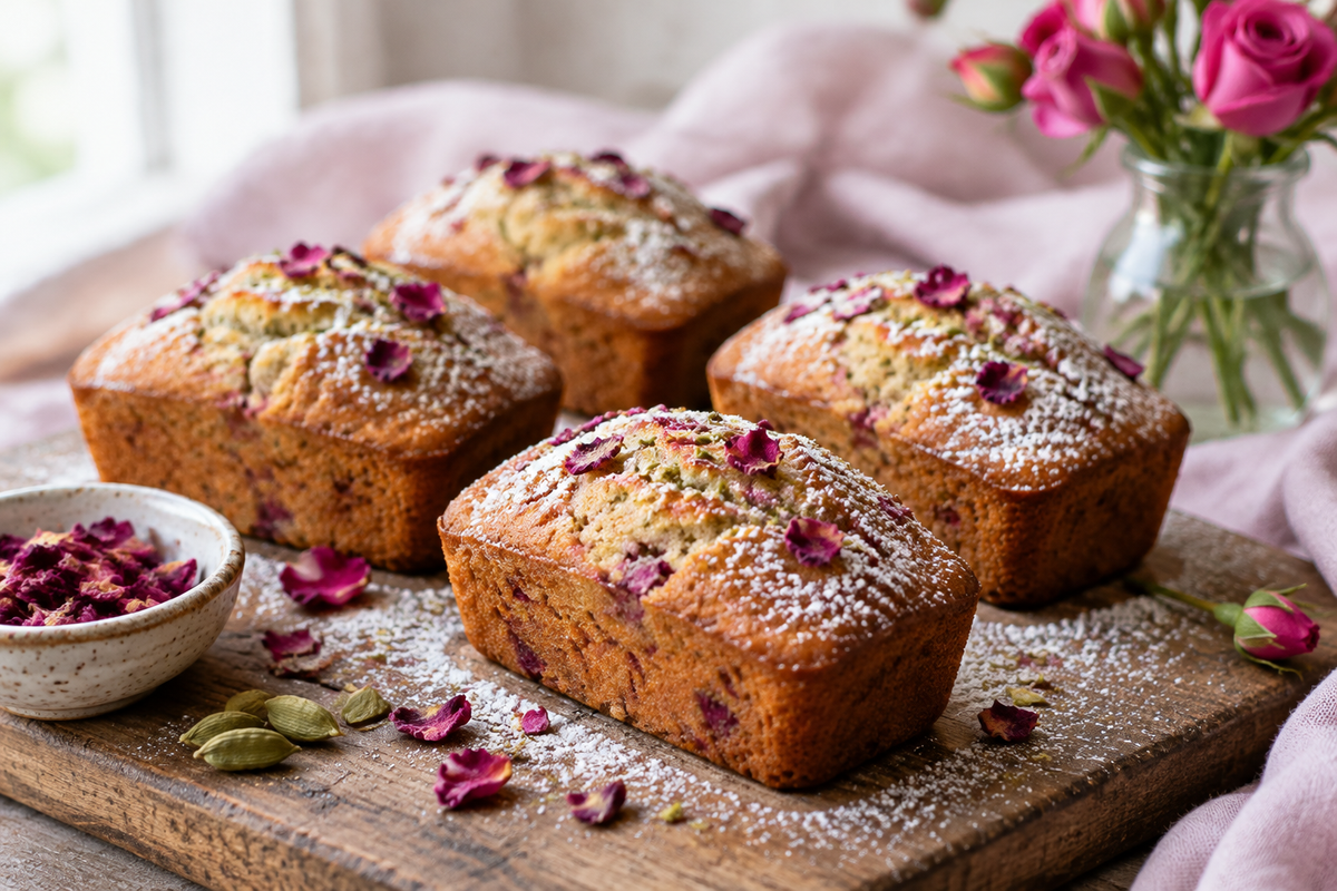 Rose cardamom mini loaves on wooden board garnished with rose petals and powdered sugar