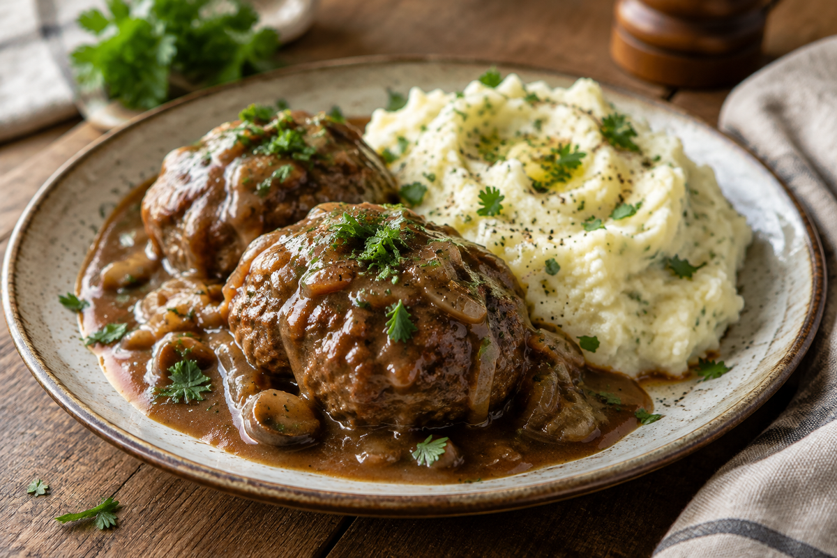 Salisbury steak meatballs with garlic herb mashed potatoes garnished with fresh parsley