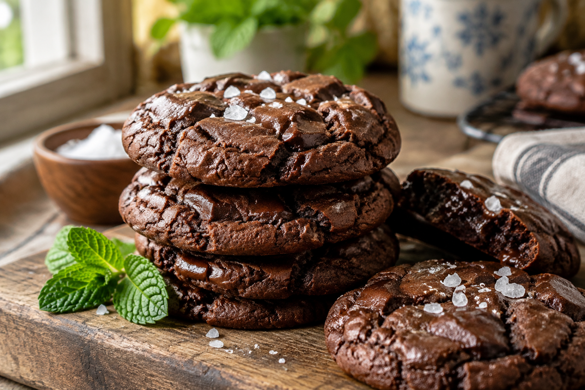 Stack of salted brownie cookies with gooey centers and sea salt flakes on top, classic salted brownie cookies