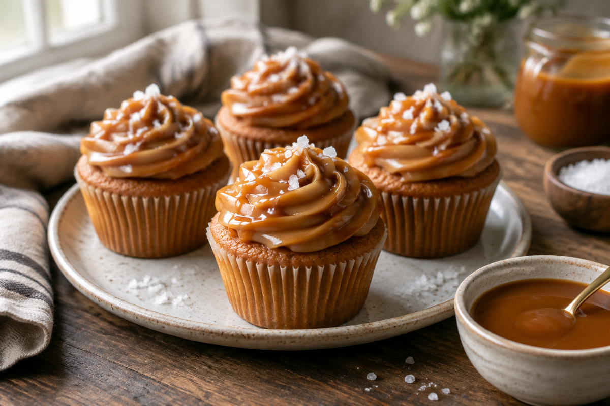 Salted caramel cupcakes with caramel frosting and sea salt topping on rustic table, salted caramel cupcakes