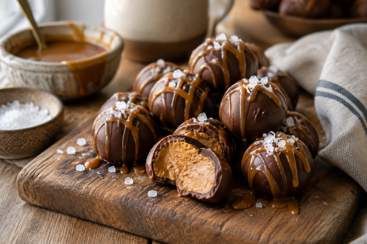 Close-up salted caramel fudge truffles garnished with sea salt and caramel drizzle