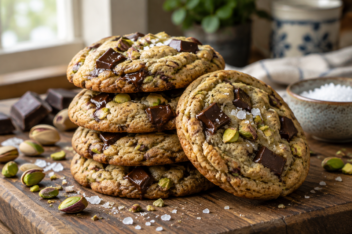 Salted pistachio chocolate chunk cookies stacked on a wooden board with visible pistachio pieces and chocolate chunks