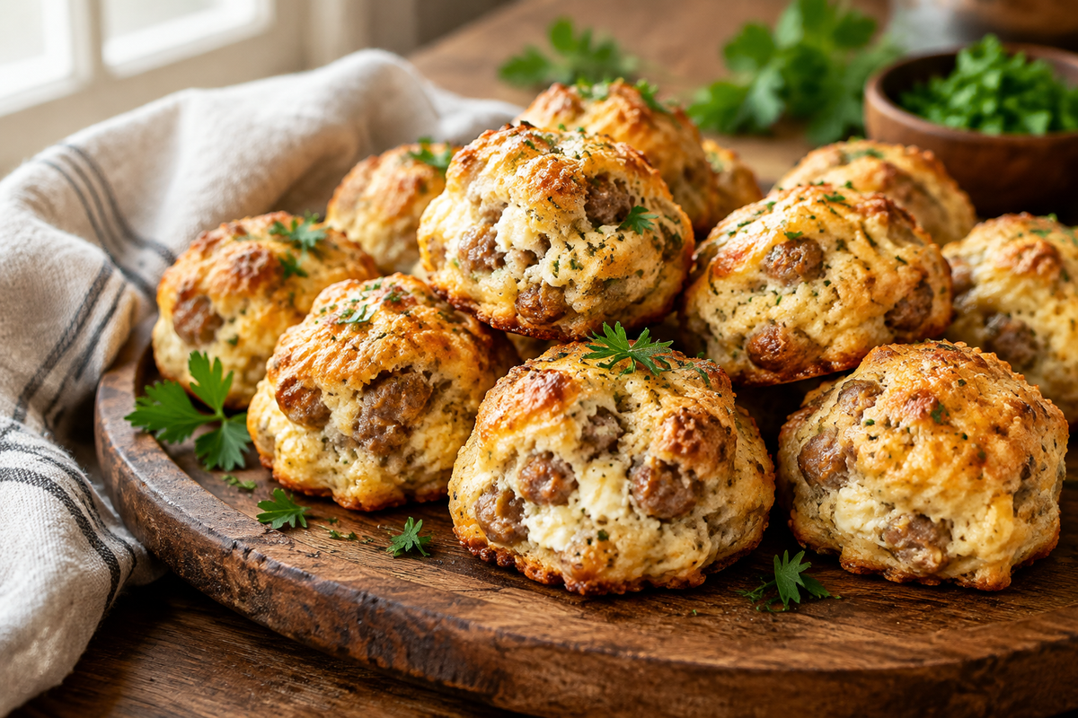 Golden sausage cream cheese biscuit bites garnished with parsley, perfect appetizer for game day